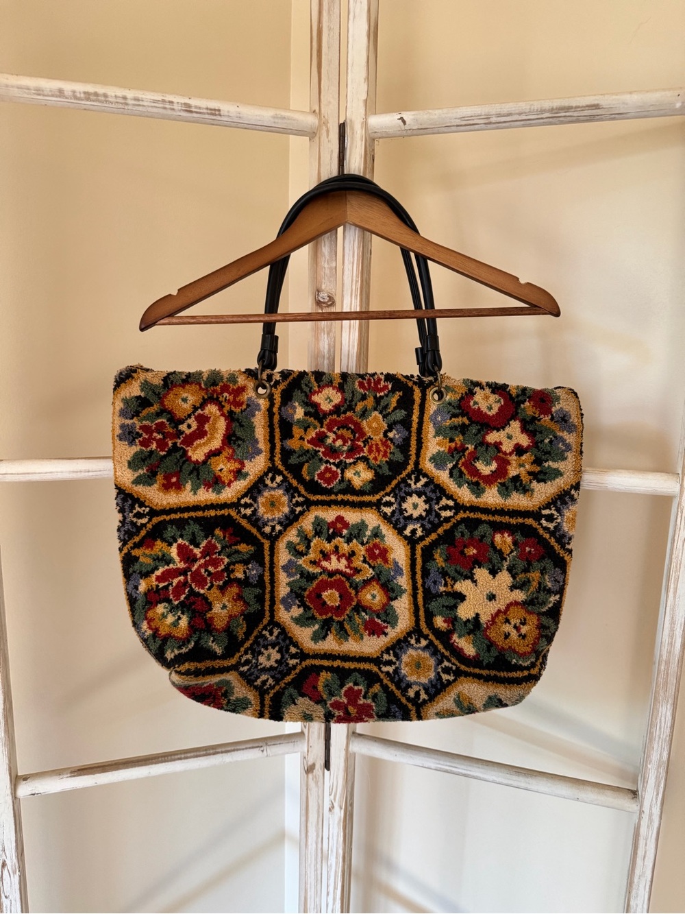Large Vintage Tapestry Shoulder Bag with leather straps